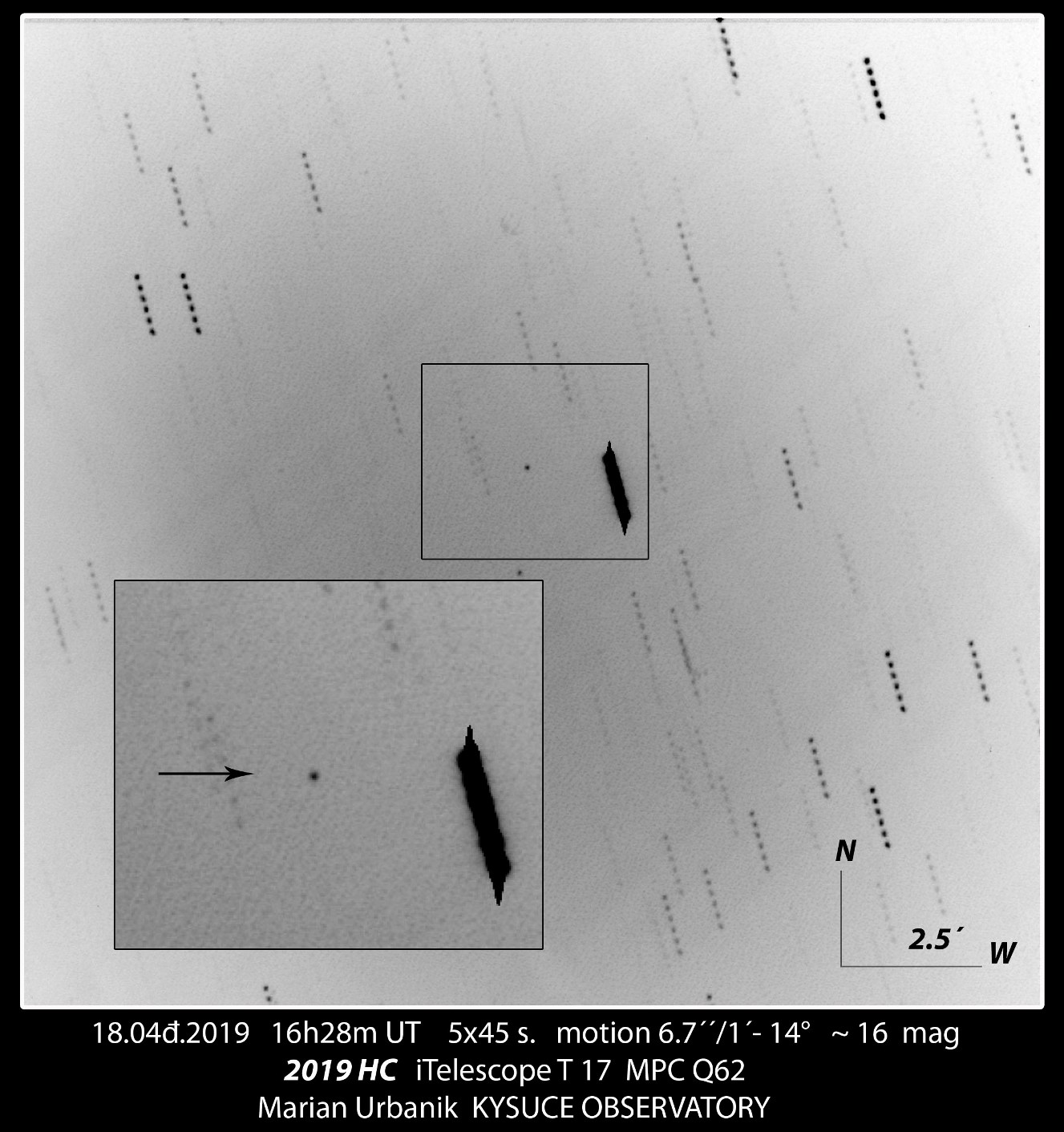 Asteroid 2019 HC z 18.4.2019. Autor: M. Urbaník, Krajská hvezdáreň v Žiline